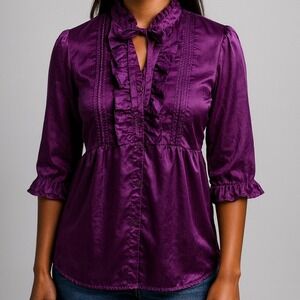 Piper & Blue Y2K Purple Satin Ruffle Tie Neck 3/4 Sleeve Babydoll Top XL